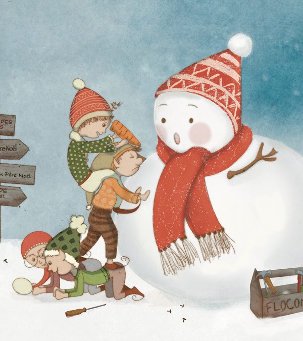 Illustration de Noël pour enfants Des lutins coquins qui donnent vie à un bonhomme de neige.